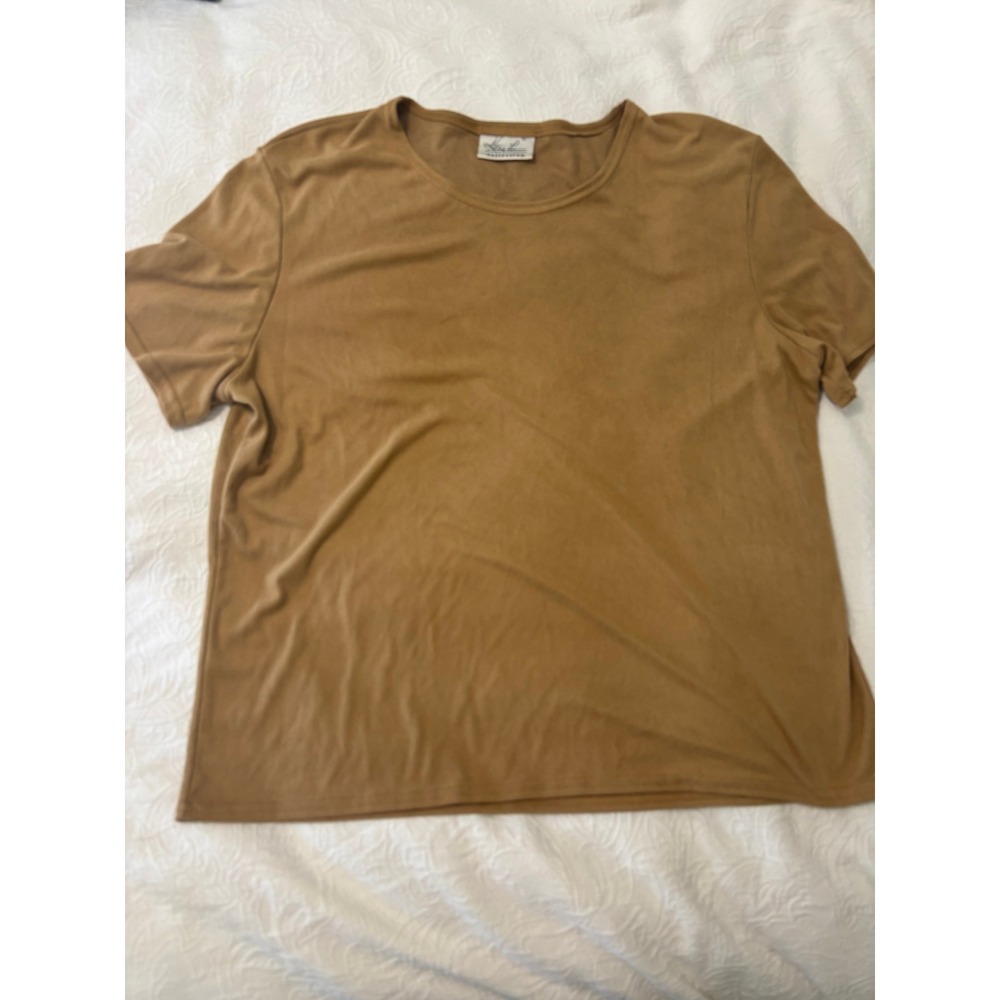 Vintage Kathie Lee Collection Tan Faux Suede Short Sleeve Top Y2K 90s Camel L